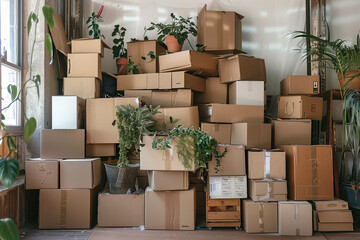 A wall full of boxes ready to move out with some plants