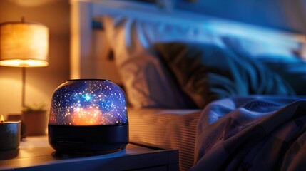 A star projector casts a galaxy of stars onto a bedroom ceiling at night