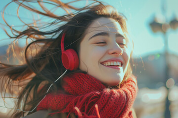 A woman smiling wearing red headphones and ejoying the music and sunshine