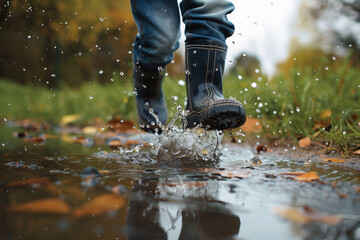A child jumping into puddle wearing wellingtons