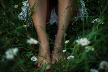 Woman bare feet in high grass with daisiest