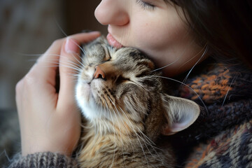 A lady holding and petting a cat