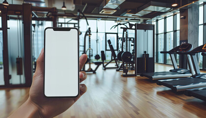 A smartphone with white screen in the hand with fitness room in the background