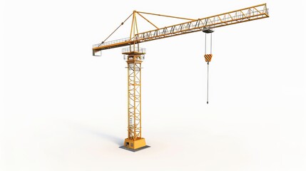 A 3D rendering of a full-height yellow tower crane isolated on a white background, representing building and construction equipment.