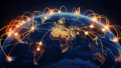 Concept of global network and connectivity on Earth, The planet is surrounded by an intricate web of intertwining lines representing worldwide communication networks