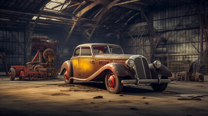 old yellow vintage car in the hangar