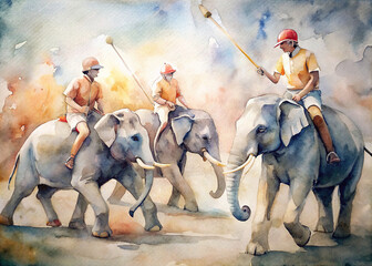 A detailed watercolor painting depicting the passion and dedication of elephant polo players, showcasing their bond with the elephants they ride during matches