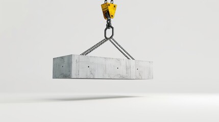 A 3D rendering showcasing a crane hook lifting a concrete panel on a white background, representing construction equipment in the building industry.