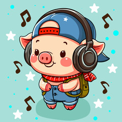 Cartoon cute piglet in a cap and headphones. Vector illustration.