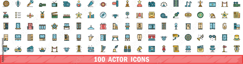 Poster 100 actor icons set. color line set of actor vector icons thin line color flat on white
