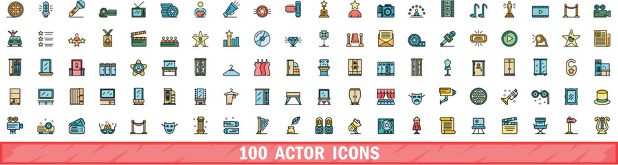 100 actor icons set. Color line set of actor vector icons thin line color flat on white