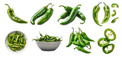 Green chili chilli chilies pepper fruit vegetable, many angles view side top front group slice cut on transparent background cutout, PNG file. Mockup template for artwork graphic design