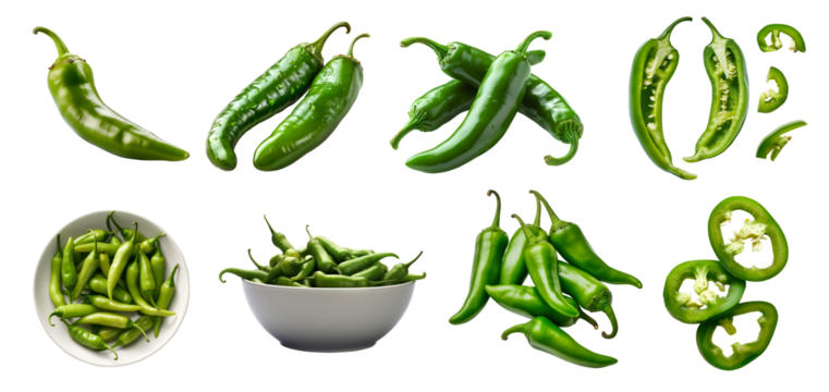 Green chili chilli chilies pepper fruit vegetable, many angles view side top front group slice cut on transparent background cutout, PNG file. Mockup template for artwork graphic design