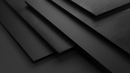 A 3D rendering of blank mockups featuring layers of black leather, carbon, net, and metal materials, suitable for protection structures, isolated for presentations.