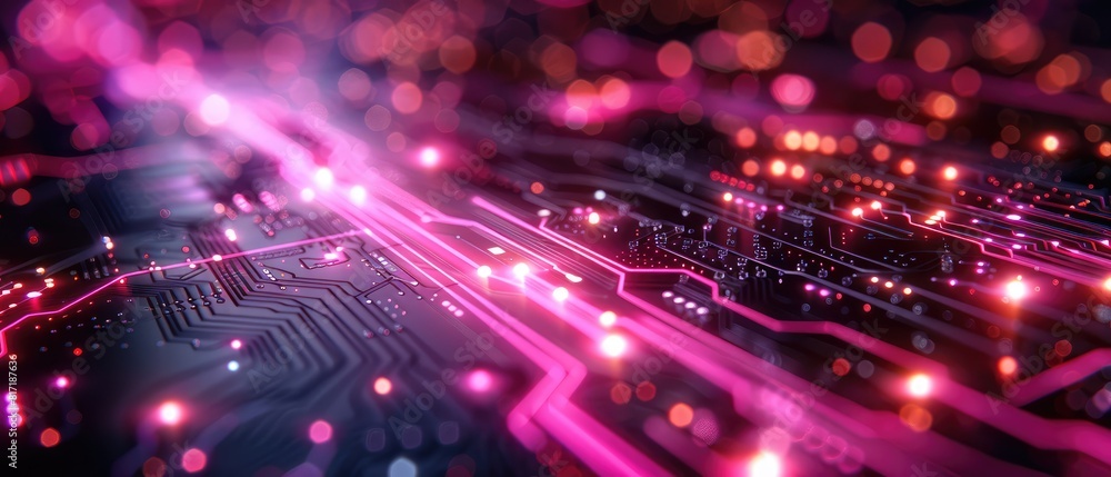 Poster digital circuit board in neon light. pcb background. computer board. motherboard with holes. backgro