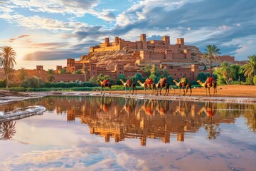 The colorful Ait Ben Hadou castle in the background, traditional Berber camels and people near an ancient mud city with a reflecting water pond at sunset in Ouarzazate, Morocco on a sunny day.