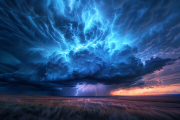 Capture the sublime beauty of a thunderstorm in a minimalist style with a wide-angle view, emphasizing dramatic clouds and a hint of lightning, using unexpected camera angles