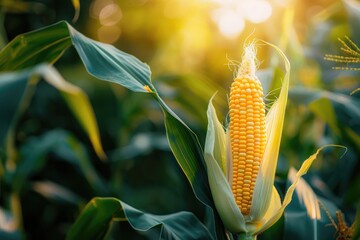 The ear of corn is in the green leaves on farm background, closeup, real photo, yellow and orange color scheme, natural light, soft focus effect, macro lens, rich details, fresh atmosphere,  