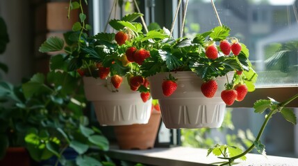 strawberries on the balcony on hanging planters