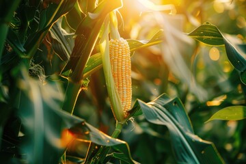 The ear of corn is in the green leaves on farm background, closeup, real photo, yellow and orange color scheme, natural light, soft focus effect, macro lens, rich details, fresh atmosphere,  