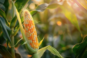 The ear of corn is in the green leaves on farm background, closeup, real photo, yellow and orange color scheme, natural light, soft focus effect, macro lens, rich details, fresh atmosphere,  