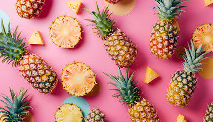 Fototapeta premium Fresh whole and cut pineapples falling on colorful background