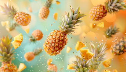 Fototapeta premium Fresh whole and cut pineapples falling on colorful background