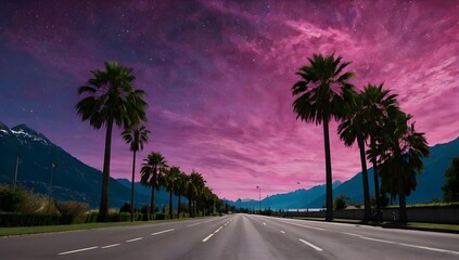 This image features a view from the driver’s perspective on a road lined with palm trees in Montreux under an extraordinarily vibrant and surreal sky. The sky is a magnificent display of pink and purp - Powered by Adobe