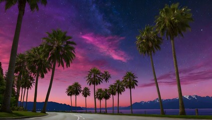 Obraz premium This image features a view from the driver’s perspective on a road lined with palm trees in Montreux under an extraordinarily vibrant and surreal sky. The sky is a magnificent display of pink and purp
