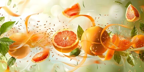 Whole grapefruit with seeds and leaves on green background. Concept Fruit Photography, Citrus Fruits, Natural Food, Fresh Ingredients, Green Background