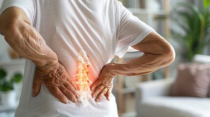 Senior Male with Back Pain at home, close-up of joint and Back Pain Experiencing Discomfort as a Result of Spine Trauma or Arthritis. Man Massaging and Stretching the Back to Ease the Injury.