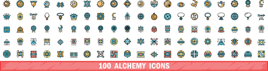 100 alchemy icons set. Color line set of alchemy vector icons thin line color flat on white