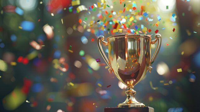 Close-up of the Winner Champion Cup and Golden Trophy on a background of scattered colorful paper
