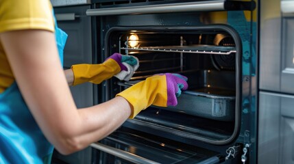 Young woman in an apron and rubber gloves cleaning an oven at home, copy space for text stock photo contest winner, wall background, closeup of hand with a rag and microfiber cloth,  