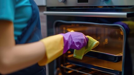 Young woman in an apron and rubber gloves cleaning an oven at home, copy space for text stock photo contest winner, wall background, closeup of hand with a rag and microfiber cloth,  