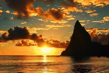 The silhouette of the needle mountain in a catalogical view from a Hawaii beach at sunset. A beautiful sky, with the sun setting behind a sharp, pointy peak.  