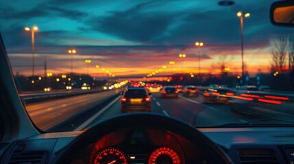 View from inside an SUV on the highway with a beautiful sunset sky, traffic lights and city street view displaying "A RIDE" text tracking system on the middle console display. 