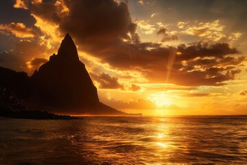 The silhouette of the needle mountain in a catalogical view from a Hawaii beach at sunset. A beautiful sky, with the sun setting behind a sharp, pointy peak.  