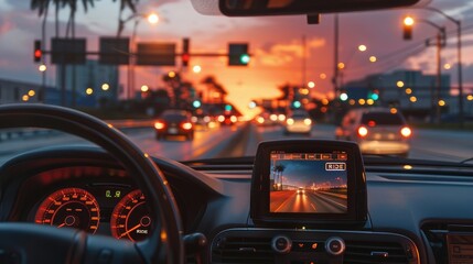 View from inside an SUV on the highway with a beautiful sunset sky, traffic lights and city street view displaying "A RIDE" text tracking system on the middle console display. 