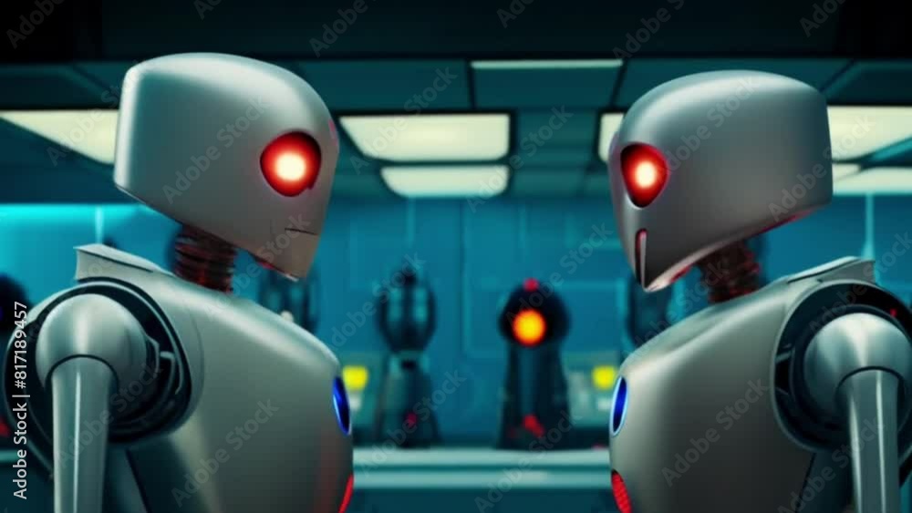 Poster horizontal video, two humanoid robots look at each other with glowing red eyes in a modern high-tech
