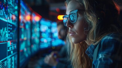 Digital forensic analysts solving cyber crimes side view crime fighting tech digital tone Triadic Color Scheme