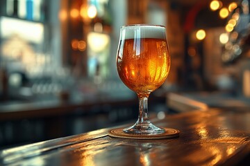 Glass of Beer on Bar Counter in Cozy Pub or Restaurant Setting