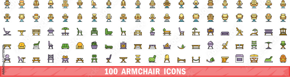 Wall mural 100 armchair icons set. color line set of armchair vector icons thin line color flat on white - Wall murals