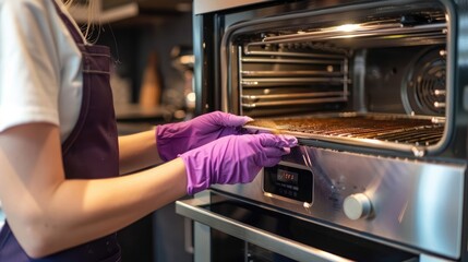 Young woman in an apron and purple gloves cleaning an oven at home, copy space for text stock photo contest winner, high resolution photo, professional photograph,
