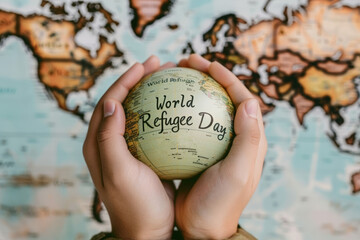 Hands holding a globe with the text "World Refugee Day" against a world map background