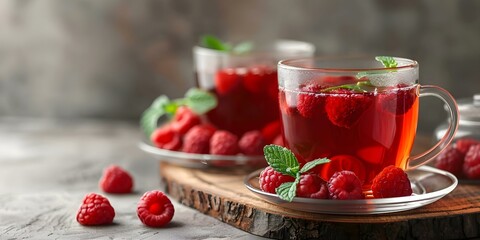 Focusing on Red Fruit Tea with Raspberry and Mint on Wooden Surface. Concept Red Fruit Tea, Raspberry, Mint, Wooden Surface, Refreshing Beverage