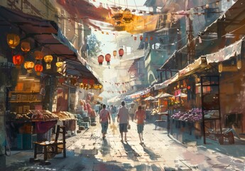 Obraz premium Capture the vibrant street scenes and bustling city life, showcasing the energy and diversity of urban environments, from busy marketplaces to charming alleyways and lively neighborhoods worldwide.