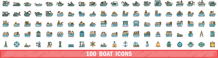 100 boat icons set. Color line set of boat vector icons thin line color flat on white