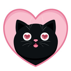 Cartoon black cat with hearts in eyes. Cat in love. Vector illustration