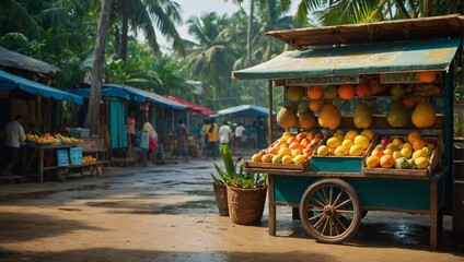 A fruit stand with a cart full of fruit